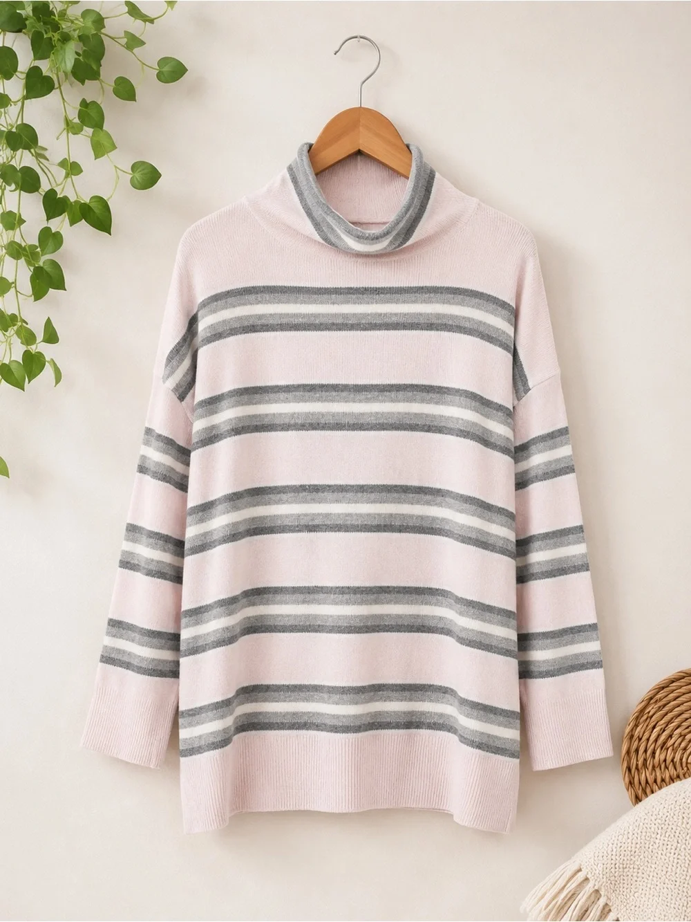 J. Jill Pink and Gray Striped Cowl Neck Sweater